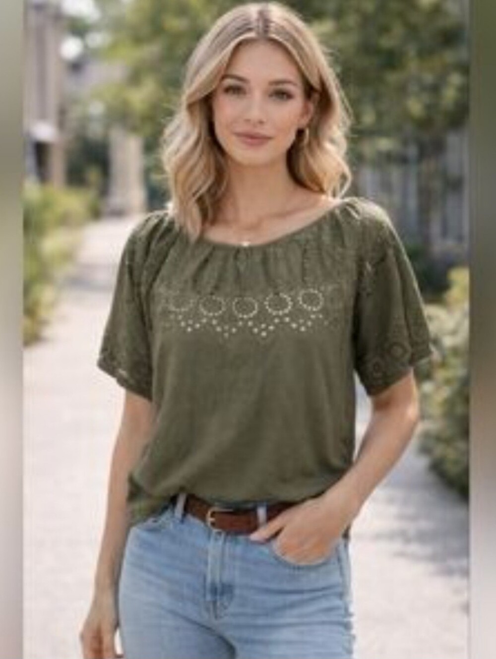 LOFT Olive Green Cotton Eyelet Puff Sleeve Peasant Top Size M - NWT